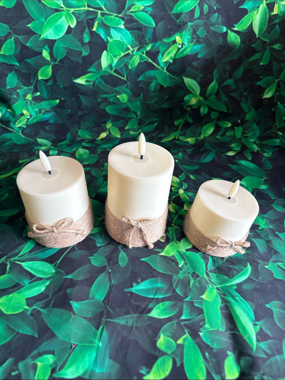 Unbranded Cream LED Pillar Candles with Jute Trim - Set of 3